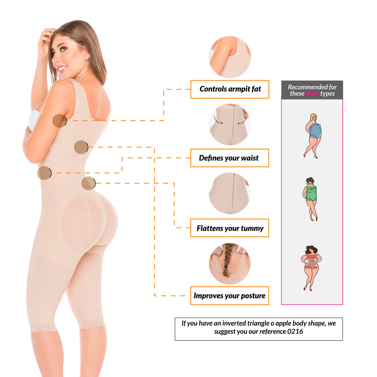 Faja de cuerpo completo para mujer con busto abierto después de la cirugía | Body hasta la rodilla levantador de glúteos | Powernet Fajas Salomé 0520