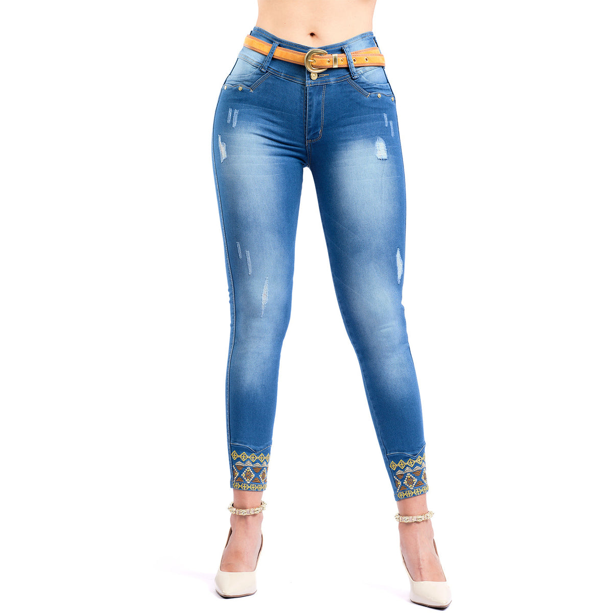 LT. Rose 1500 Jeans ajustados con bordados rotos en los tobillos que levantan los glúteos