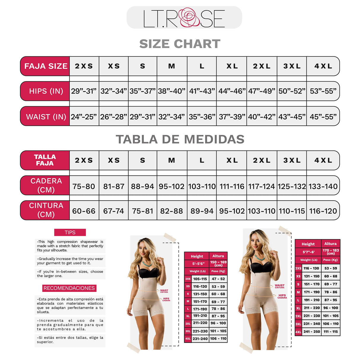 LT.Rose 21121 Colombian Butt Lifting Mid Thigh Shapewear Body para mujer