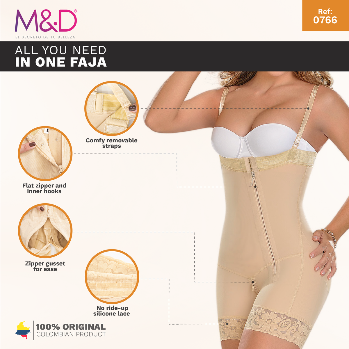 Fajas MYD 0766 Mid Thigh Strapless Body Shaper for Women