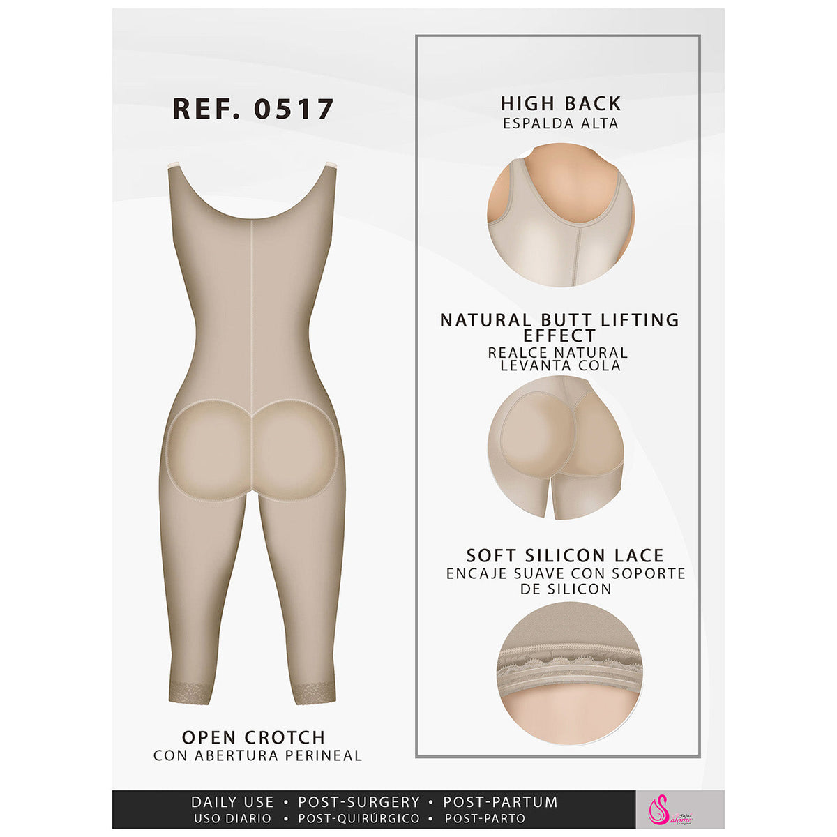 Fajas Salome 0517  Post Surgery Stage 1 Butt Lifter Full Bodysuit | Open Bust Knee Length Body Shaper for Women