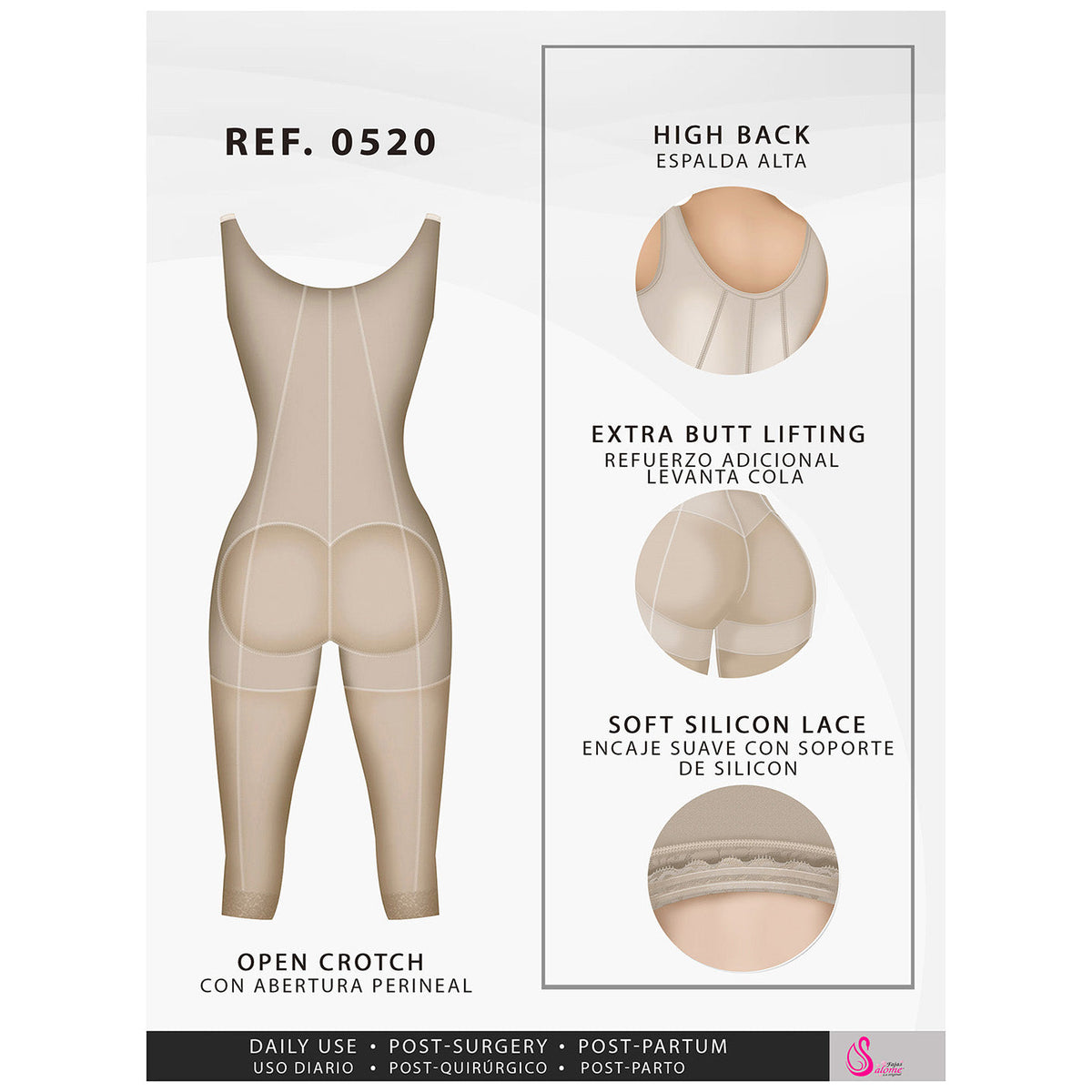 Fajas Salome 0520 | Open Bust Post Surgery Full Body Shaper for Women | Butt Lifter Knee Length Bodysuit | Powernet - Pal Negocio