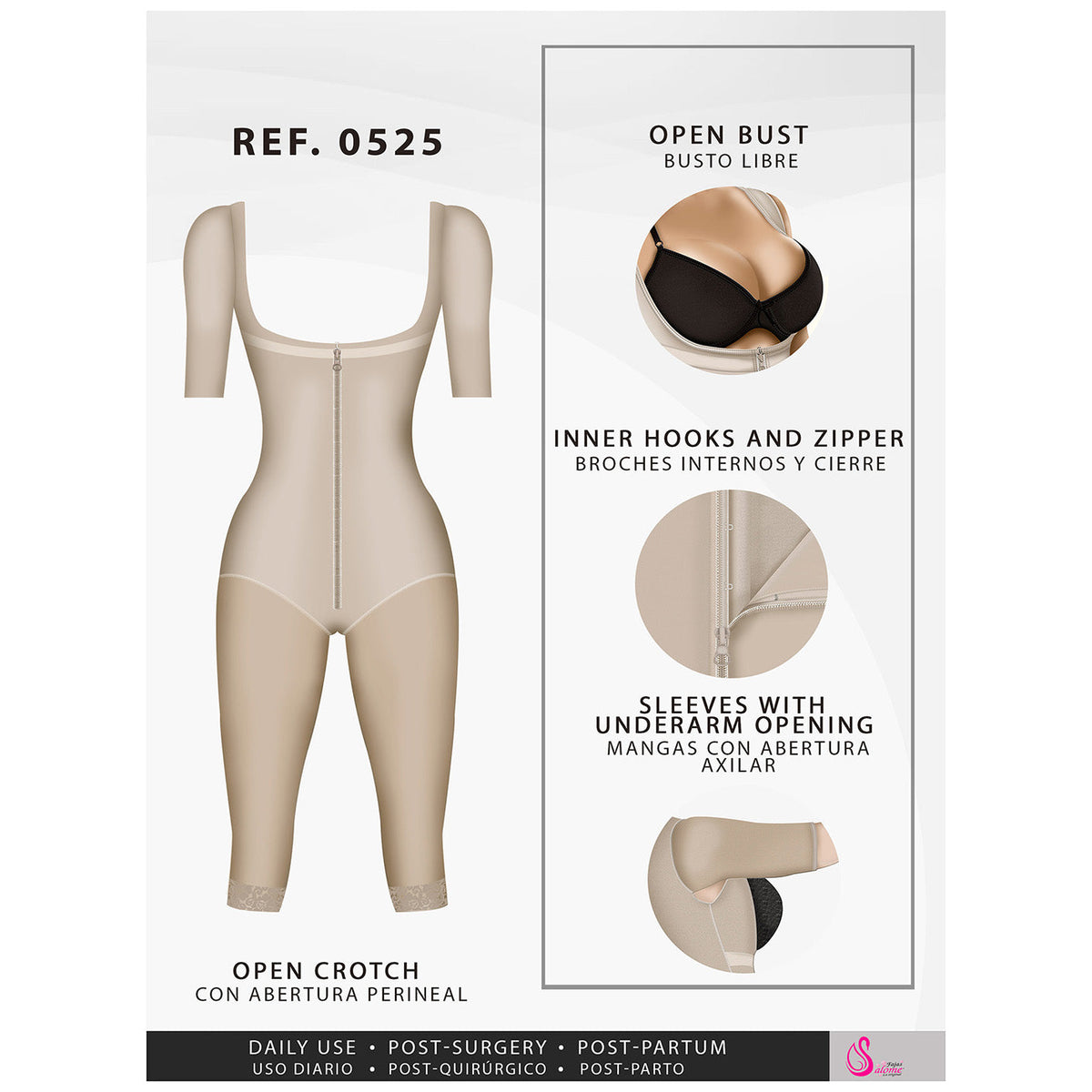 Fajas Salome 0525 Tummy Control Butt Lifter Knee And  Post Surgery Bodysuit Full Body Shaper for Women