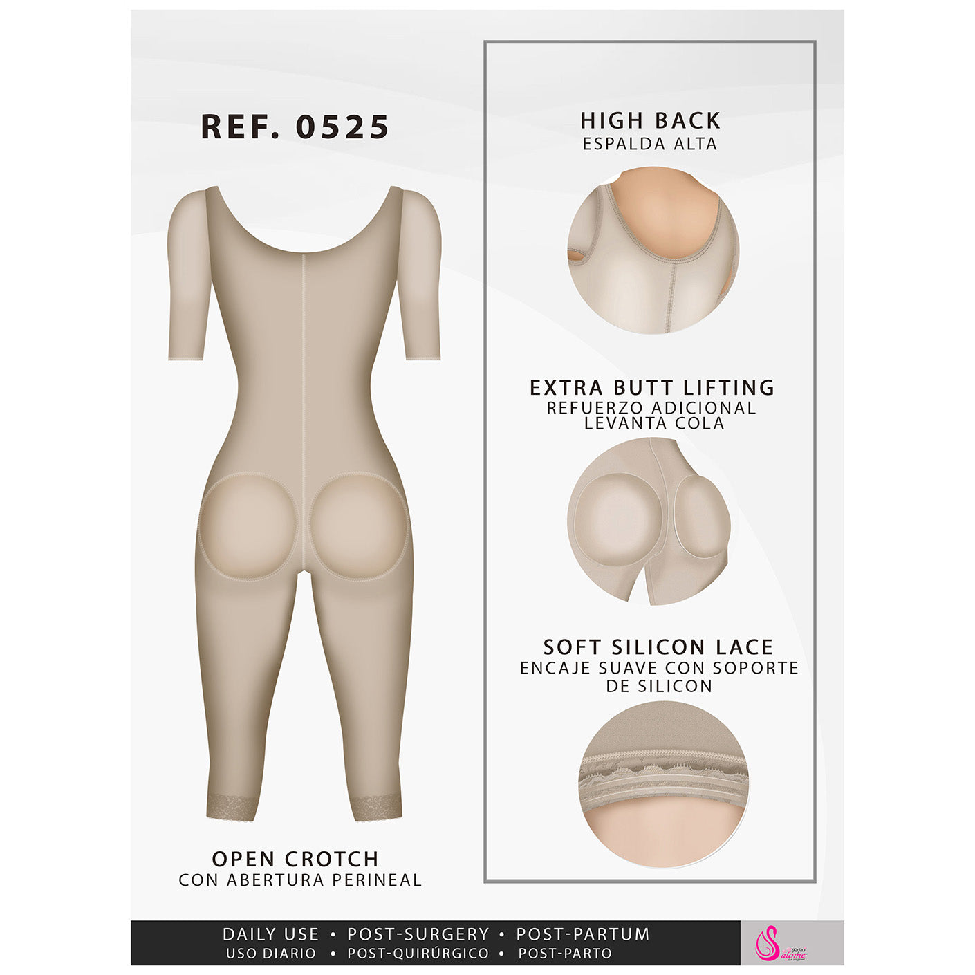 Fajas Salome 0213 | Post Surgery Butt Lifter Full Bodysuit | Open Bust Knee  Length Body Shaper for Women | Powernet