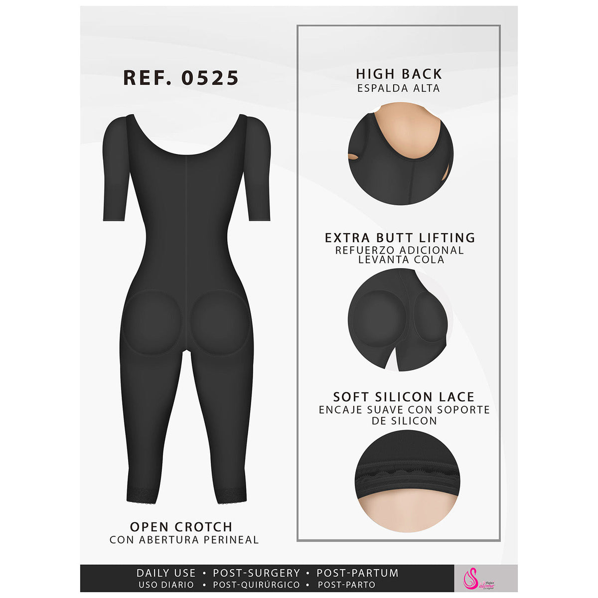 Fajas Salome 0525 Tummy Control Butt Lifter Knee And  Post Surgery Bodysuit Full Body Shaper for Women