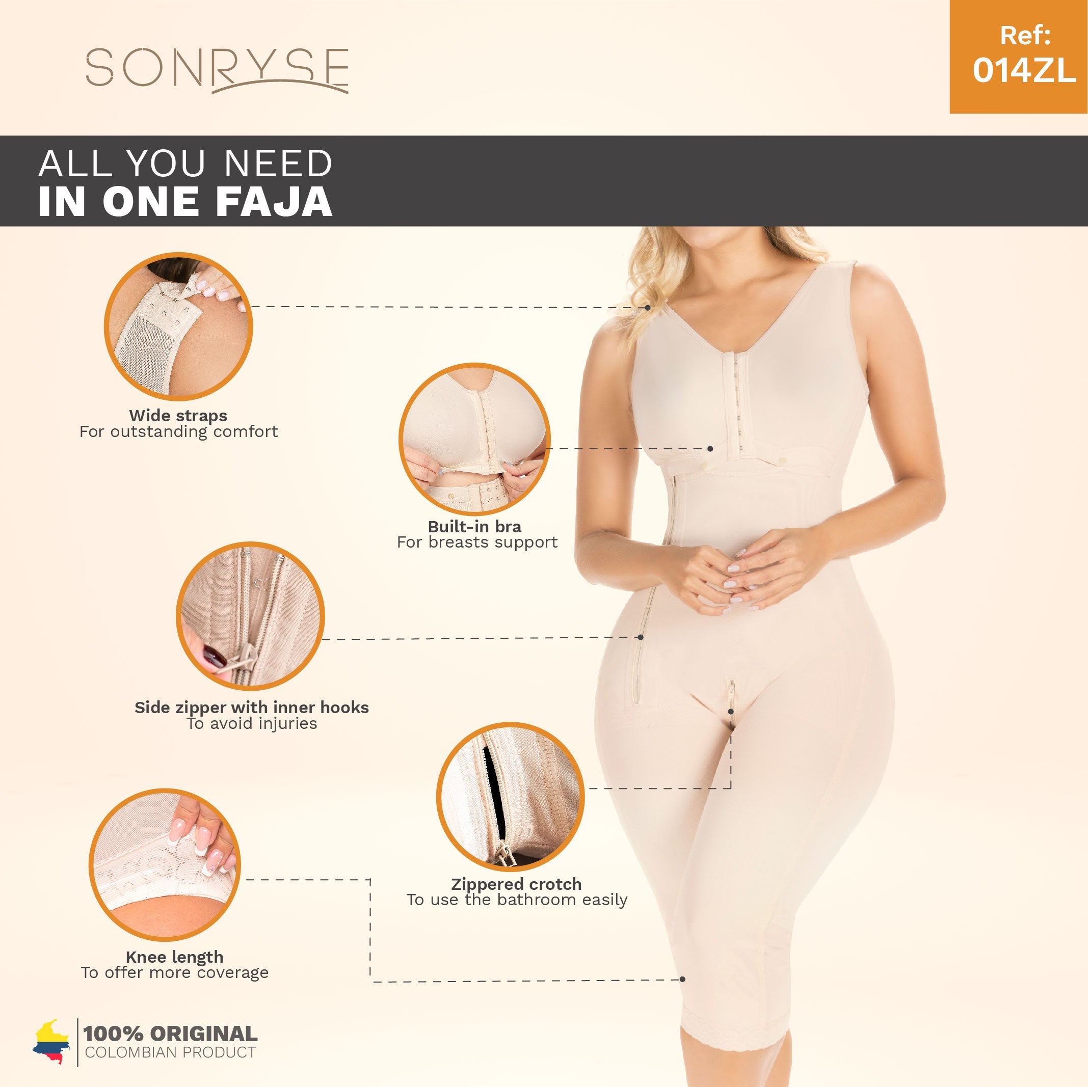 SONRYSE 014ZL  Knee Length with Built-in bra & High Back | Post Surgery and Postpartum Use