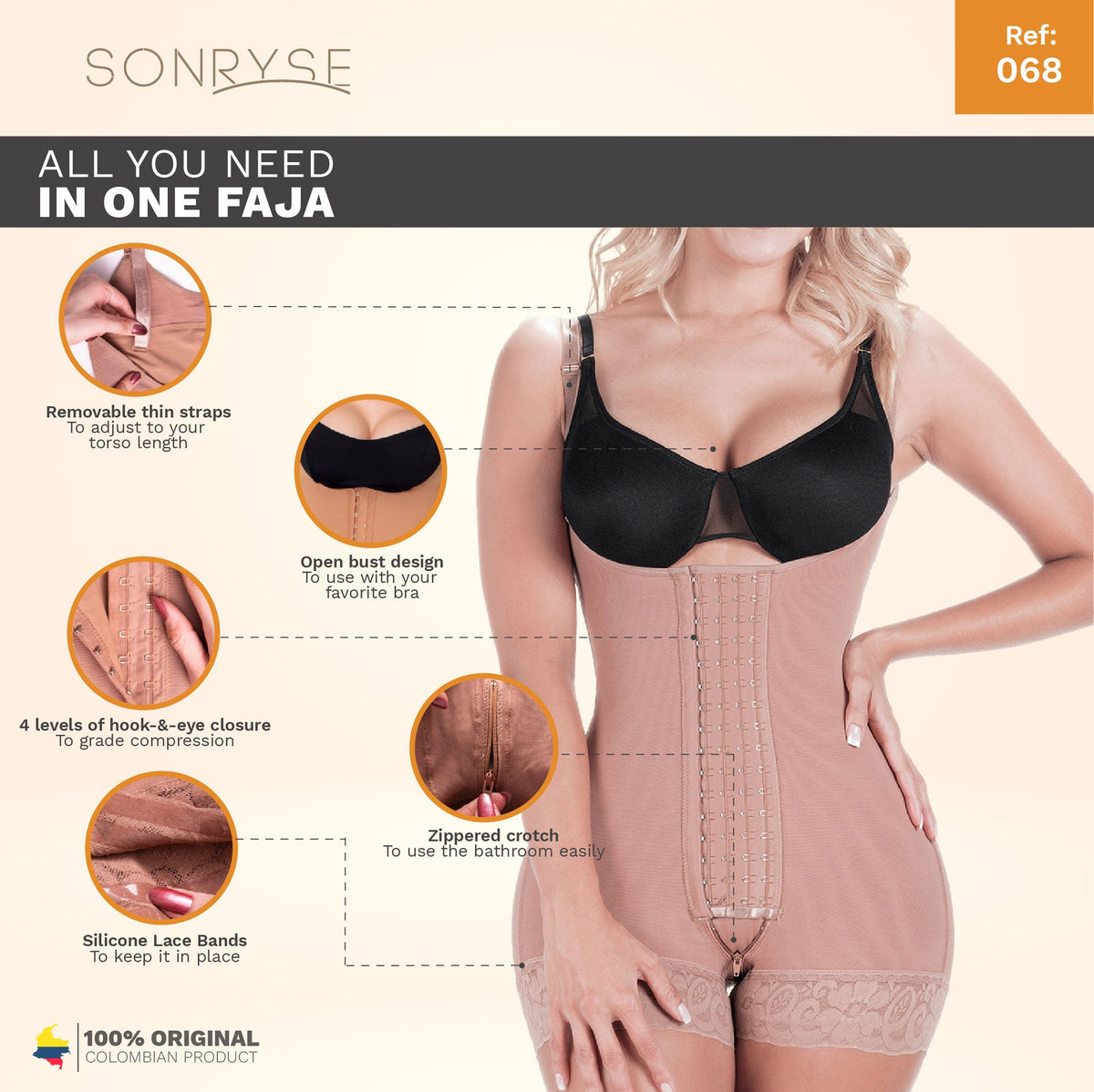 SONRYSE 068BF Posparto y poscirugía Abdominoplastia Lipo Prenda de compresión Busto abierto Fajas cortas Body