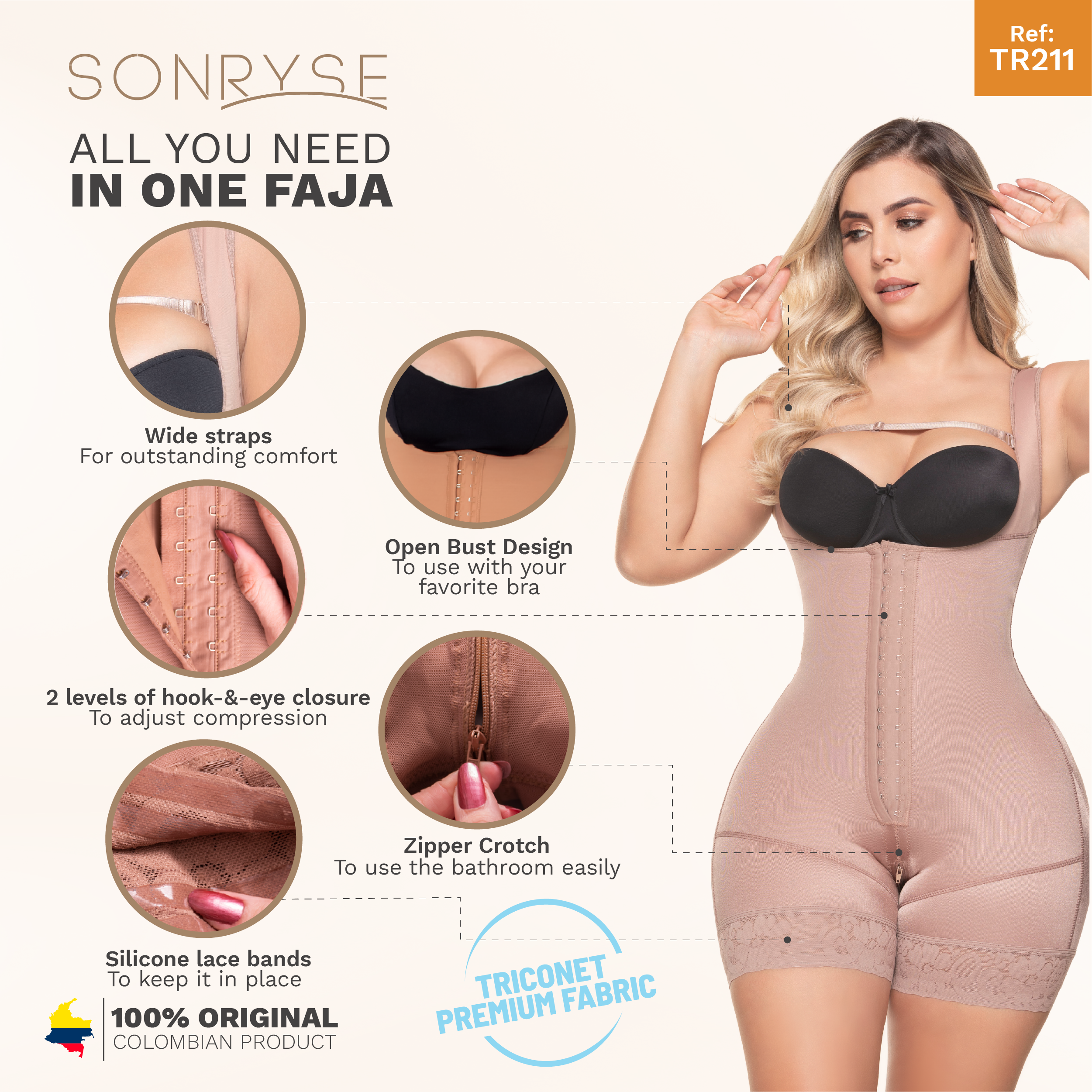 SONRYSE TR211Body de busto abierto | Moldeadores de cuerpo posquirúrgicos | Faja Etapa 1