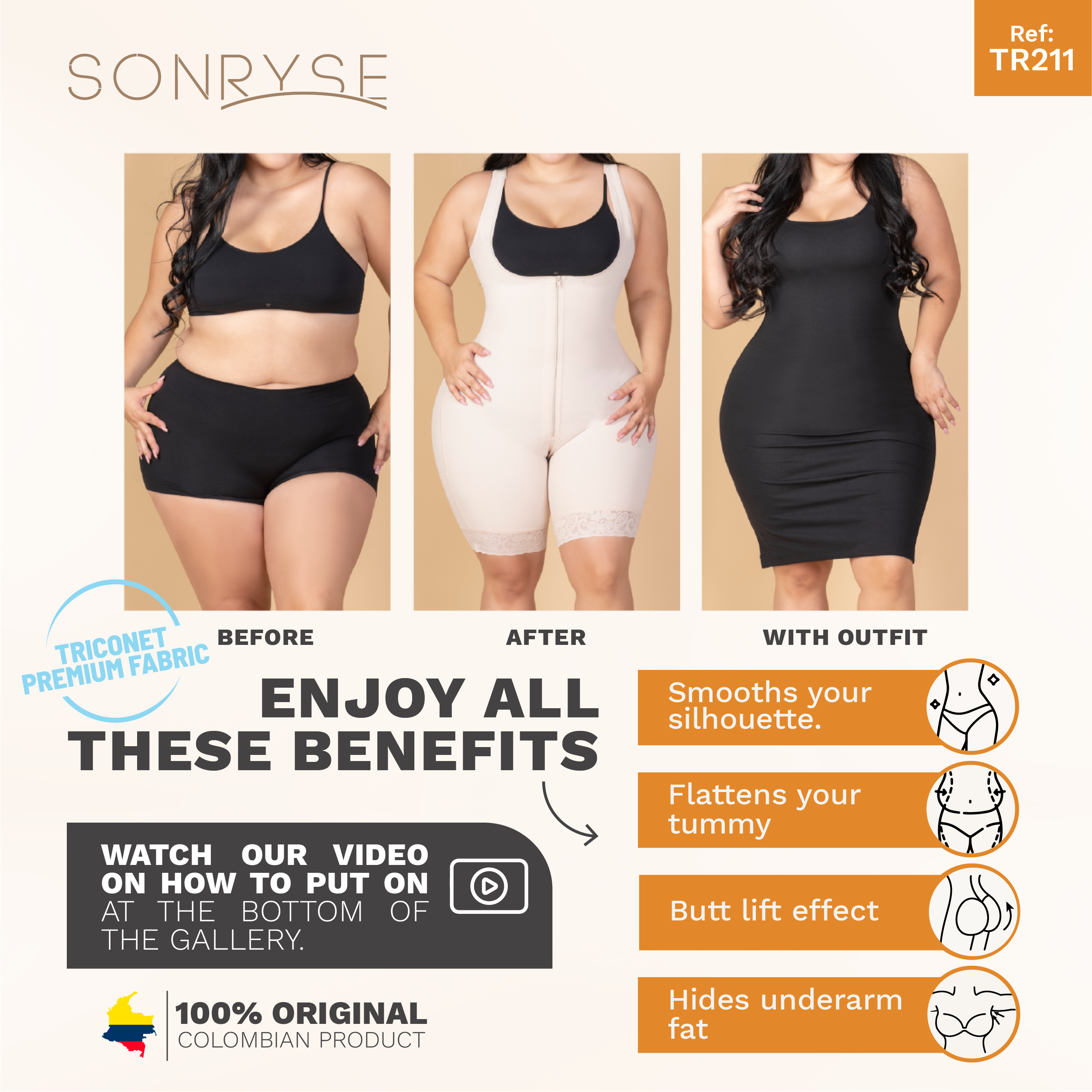 SONRYSE TR211Body de busto abierto | Moldeadores de cuerpo posquirúrgicos | Faja Etapa 1